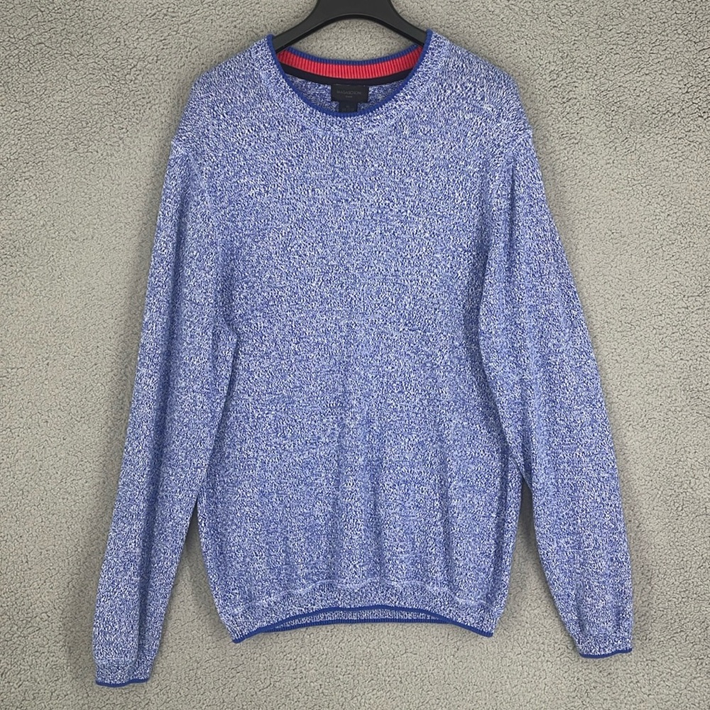 Magaschoni Man Marled blue & white crew neck long sleeve soft sweater men’s XL